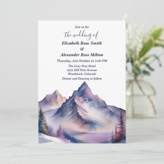 Sneeuw bedekt bergen landschap bruiloft kaart (Staand voorkant)