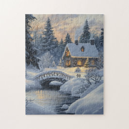 Sneeuw-Bedekt Cottage bij de Creek Legpuzzel
