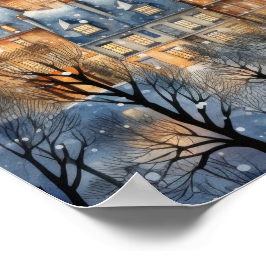 Sneeuw bedekt dorp blauw thema Poster (Hoek)