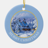 sneeuw bedekt huis en bomen keramisch ornament (Voorkant)
