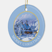 sneeuw bedekt huis en bomen keramisch ornament (Links)