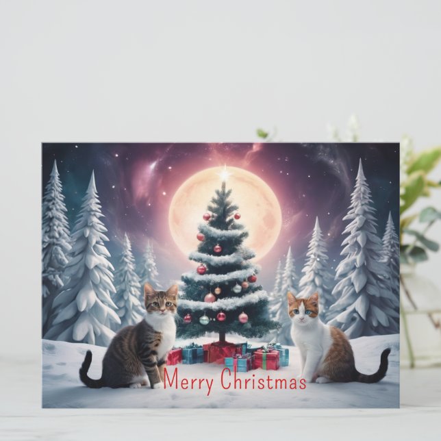 Sneeuw bedekt kerstboom met katten (Staand voorkant)
