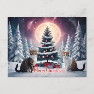 Sneeuw bedekt kerstboom met katten briefkaart