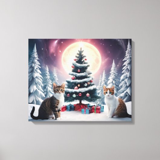 Sneeuw bedekt kerstboom met katten canvas afdruk (Voorkant)
