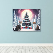 Sneeuw bedekt kerstboom met katten canvas afdruk (Insitu (Houten vloer))