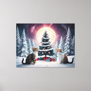 Sneeuw bedekt kerstboom met katten canvas afdruk