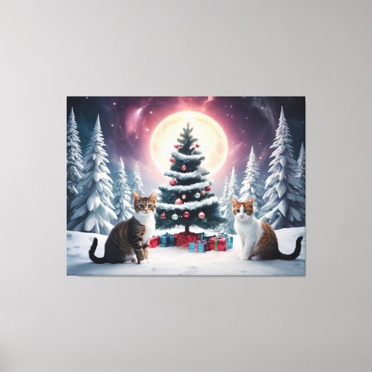 Sneeuw bedekt kerstboom met katten canvas afdruk (Voorkant)