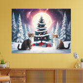 Sneeuw bedekt kerstboom met katten canvas afdruk (Insitu (Woonkamer))