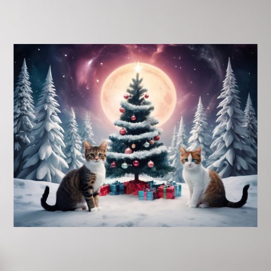 Sneeuw bedekt kerstboom met katten poster (Voorkant)