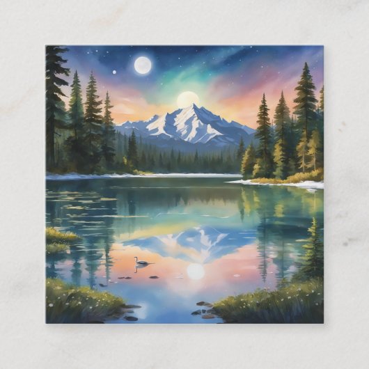 Sneeuw bedekte bergen en een helder meer. vierkante visitekaartje (Voorkant)