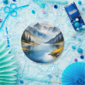 Sneeuw bedekte bergen en een meer papieren bordje (Feest)