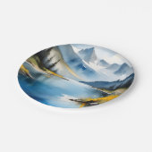 Sneeuw bedekte bergen en een meer papieren bordje (Gekanteld)