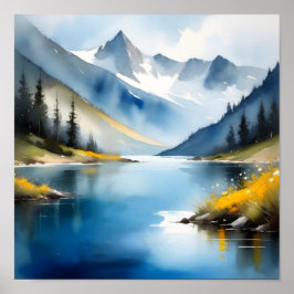 Sneeuw bedekte bergen en een meer poster