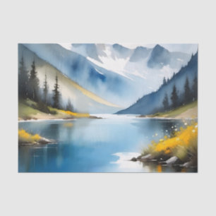 Sneeuw bedekte bergen en een meer tissuepapier