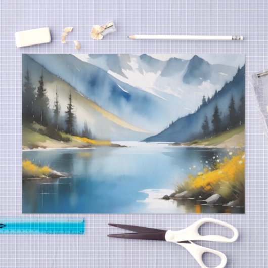 Sneeuw bedekte bergen en een meer tissuepapier (Craft)