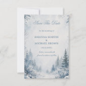 Sneeuw bedekte dennenblauw save the date (Voorkant)