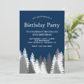 Sneeuw bedekte dennenbomen Navy Blue Verjaardagsfe Kaart (Staand voorkant)