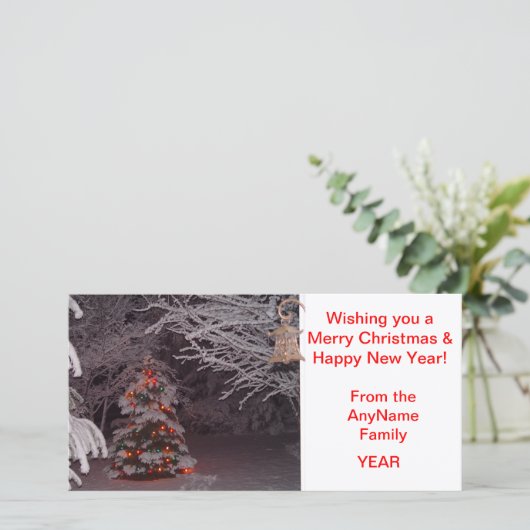 Sneeuw bedekte kerstboom vakantie fotokaart feestdagenkaart (Staand voorkant)