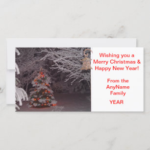 Sneeuw bedekte kerstboom vakantie fotokaart feestdagenkaart