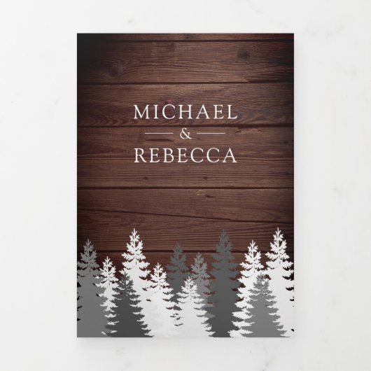 Sneeuw Bedekte Pijnbomen Rustiek Hout Bos Wedding Drieluik Uitnodiging (Cover)