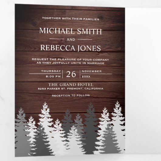 Sneeuw Bedekte Pijnbomen Rustiek Hout Bos Wedding Drieluik Uitnodiging (Binnenzijde eerst)