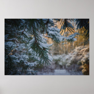 Sneeuw bedekte pijnboom in het winterbos poster