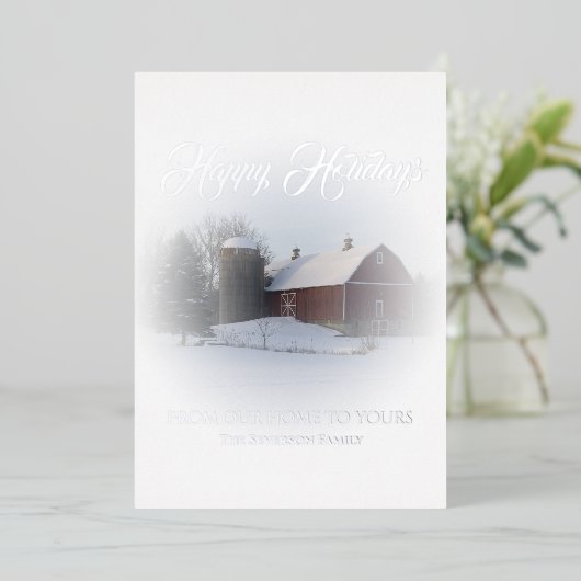 Sneeuw bedekte rode schuur vrolijke feestdagen (Staand Voorkant)