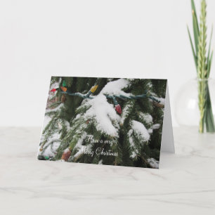 Sneeuw bedekte takken en lichten feestdagen kaart