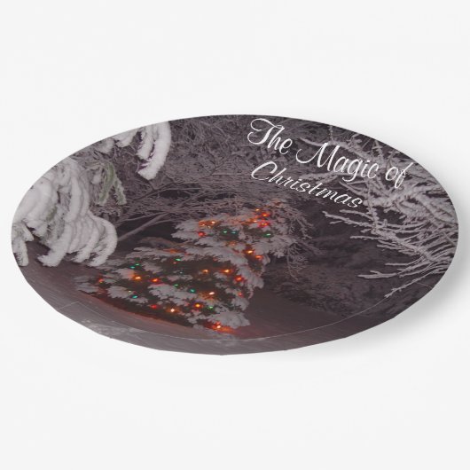 Sneeuw bedekte takken Kerstverlichting Papieren Bordje (Gekanteld)