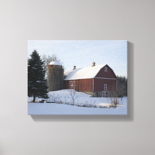 Sneeuw bedekte winter schuur en silo canvas afdruk (Voorkant)
