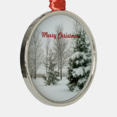 Sneeuw beladen bomen, vrolijk kerstfeest, metalen ornament (Rechts)