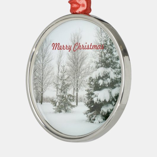 Sneeuw beladen bomen, vrolijk kerstfeest, metalen ornament (Links)