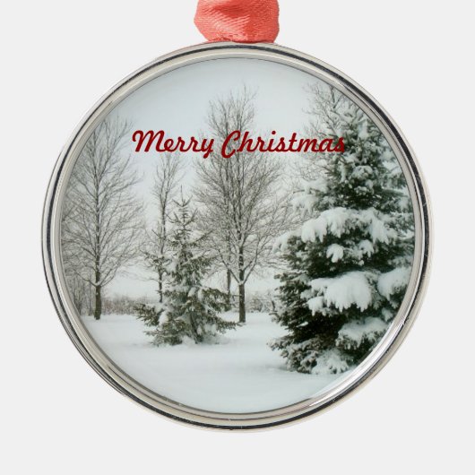 Sneeuw beladen bomen, vrolijk kerstfeest, metalen ornament (Voorkant)