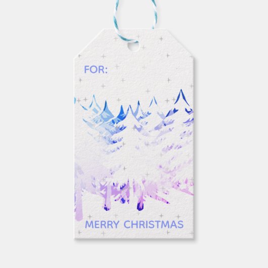 Sneeuw beladen kerstbomen in blauw Paarse & wit Cadeaulabel (Voorkant)