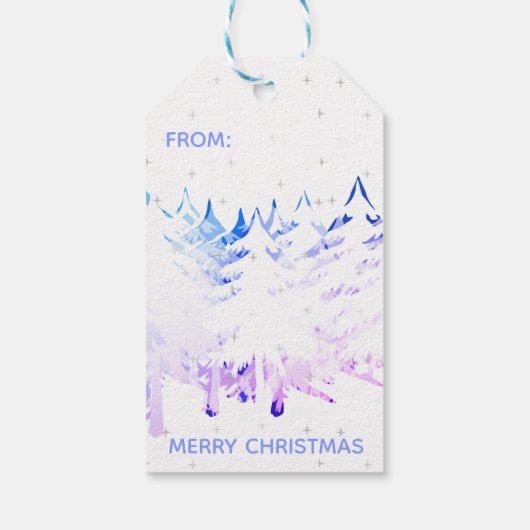 Sneeuw beladen kerstbomen in blauw Paarse & wit Cadeaulabel (Achterkant)