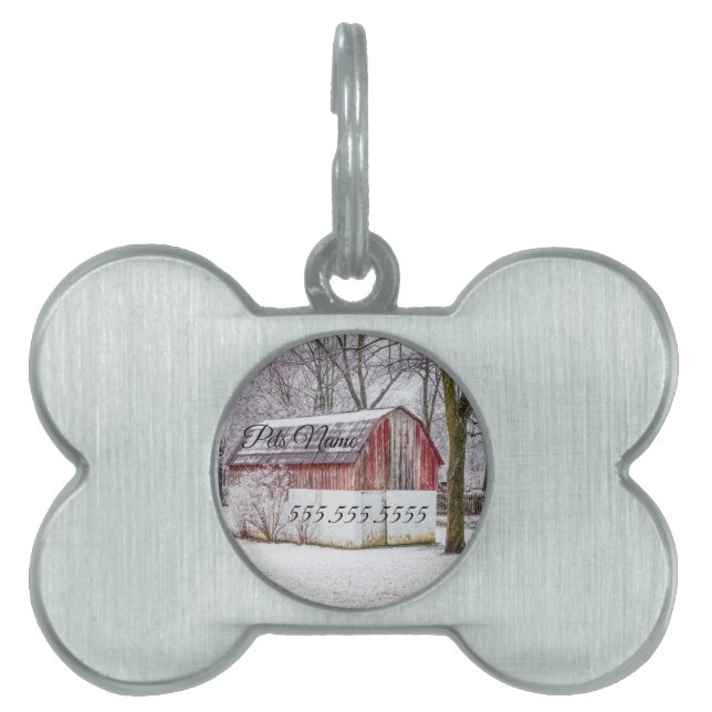 Sneeuw bij de rode schuurHuisdierlabel Huisdieren Naamplaatje (voorkant)