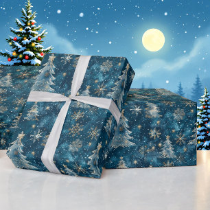 Sneeuw bij Nacht Kerstbomen Waterverf Roll van Cadeaupapier
