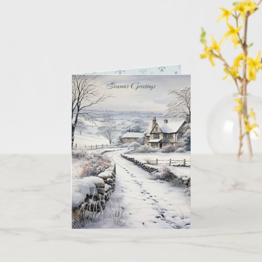 Sneeuw Boerderij Landschap Kerst Kaart (Gele Bloem)