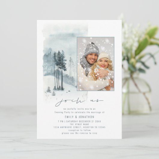 Sneeuw Bos Foto Doe mee QR Avond Feest Bruiloft Kaart (Staand voorkant)