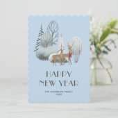 Sneeuw bos rendier blauwe gelukkig nieuwjaar kaart (Staand voorkant)