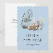 Sneeuw bos rendier blauwe gelukkig nieuwjaar kaart (Voorkant / Achterkant)