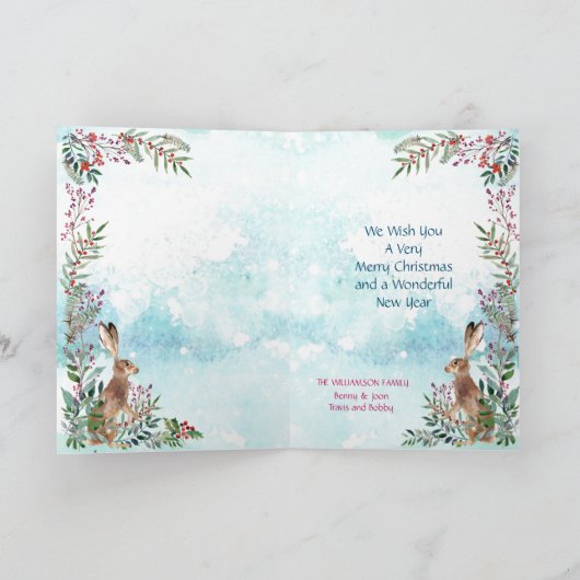 Sneeuw Bunny Blue Modern Floral Waterverf schilder Feestdagen Kaart (Binnen)