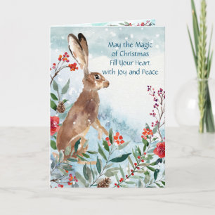 Sneeuw Bunny Blue Modern Floral Waterverf schilder Feestdagen Kaart