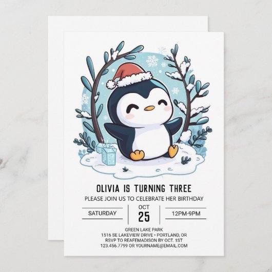 Sneeuw Charmante Pinguïn Digitale Verjaardag Kaart (Voorkant / Achterkant)