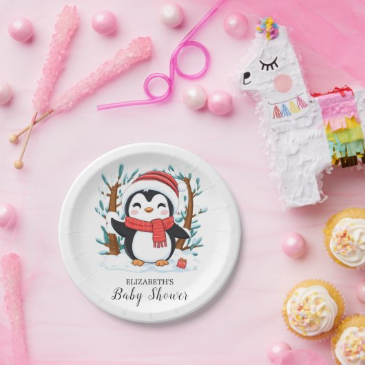 Sneeuw Charming Penguin Baby shower Papieren Bordje (Feest)