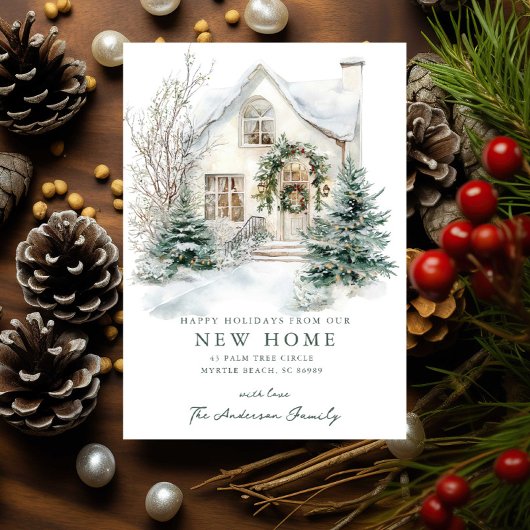 Sneeuw Cottage Kerst Nieuwe Thuiskaart Aankondiging