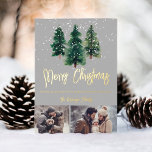 Sneeuw elegante kerstbomen familie 2 foto's folie feestdagenkaart<br><div class="desc">Een moderne hand geschilderde kerstbomen met vallende sneeuw kerst 2 foto's familiekaart met handgeschilderde groene bomen,  sneeuw,  elegant script lettertype op een licht bewerkbare grijze achtergrond met echte gouden folie.</div>