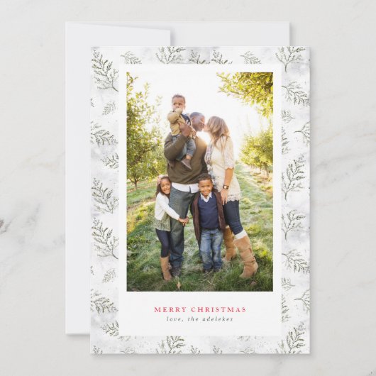 Sneeuw en Bladeren Groen en Wit Lijstfoto Feestdagenkaart (Voorkant)