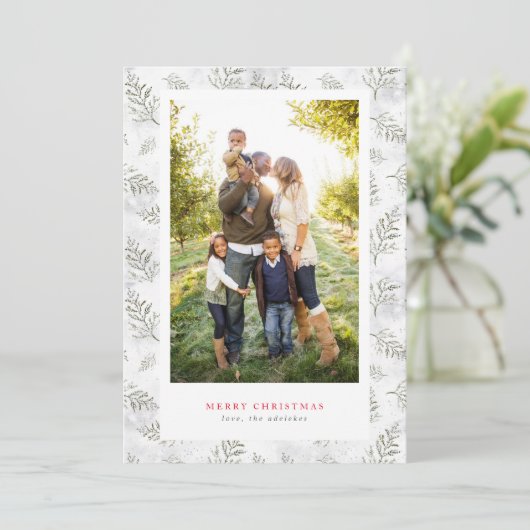 Sneeuw en Bladeren Groen en Wit Lijstfoto Feestdagenkaart (Staand voorkant)