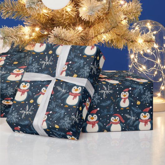 Sneeuw en pinguïns blauwe winter cadeaupapier (Feestdagen)